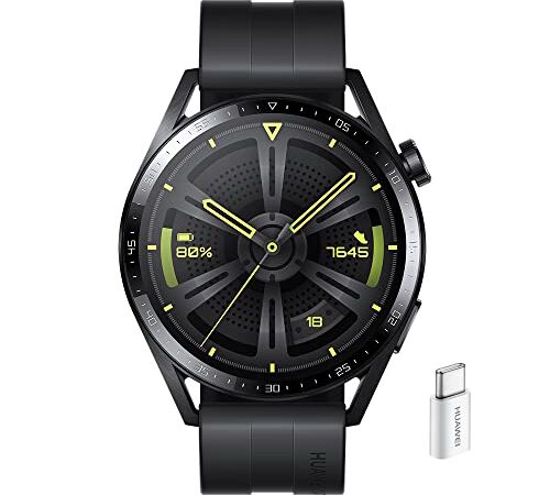 Huawei Watch GT 3 46 mm Smartwatch, Batteria di Lunga Durata, Monitoraggio SpO2, AI Running Coach, Monitoraggio Frequenza Cardiaca, Oltre 100 Modalità di Allenamento, con Adattatore AP52, Nero